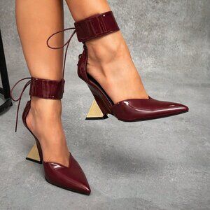 Burgundy Sexy Women's Asymmetrical Pointed Toe gold High Heels